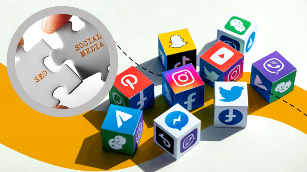 Puzzle pieces labeled 'SEO' and 'Social Media' fitting together, surrounded by colorful social media icon cubes, symbolizing the integration of social media and SEO strategies for enhanced digital marketing success.