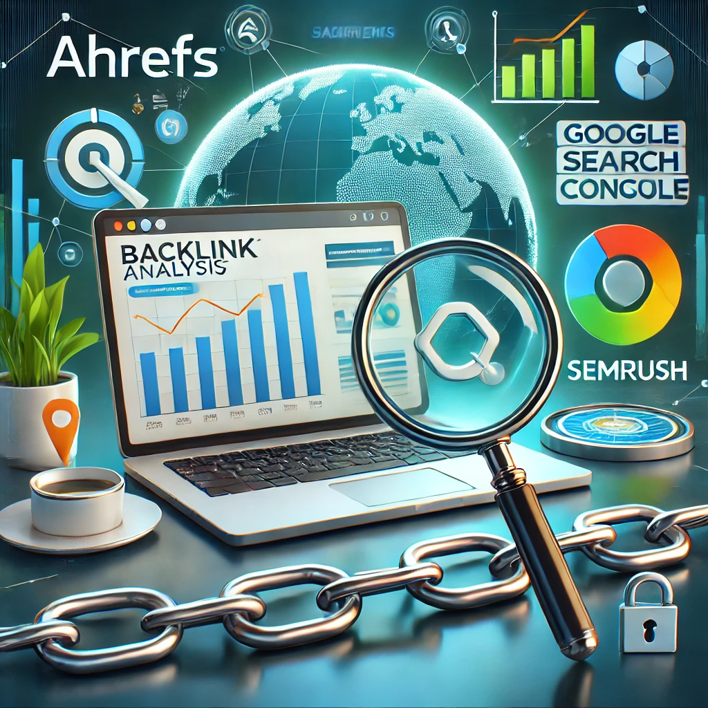 An illustration showcasing tools for backlink analysis. The image features a laptop displaying analytics graphs, surrounded by icons representing Ahrefs, SEMrush, and Google Search Console. A magnifying glass highlights a chain link, symbolizing backlink connections. The background includes a globe and subtle network patterns to represent global web connectivity. The color palette includes shades of blue, green, and white, giving a modern and professional appearance.
