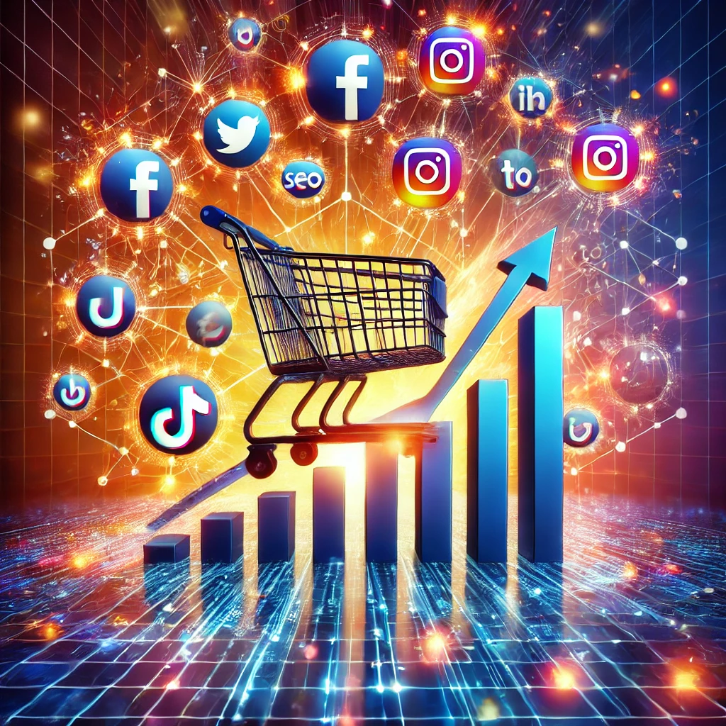Graphic showcasing the power of social signals in SEO and e-commerce success, featuring interconnected social media icons like Facebook, Instagram, and TikTok around a shopping cart with a rising bar graph, symbolizing growth and engagement in a vibrant digital theme.