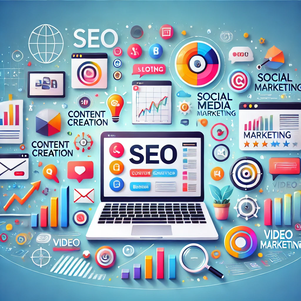 Digital Marketing and Content Creation Concept Illustration Illustration of a digital marketing concept with a laptop surrounded by colorful icons representing SEO, content creation, social media, analytics, and video marketing on a light blue gradient background.