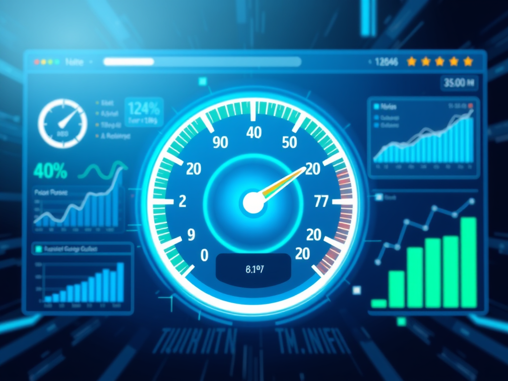 Digital dashboard displaying a speedometer and performance metrics alongside bar and line graphs, highlighting website optimization and analytics.