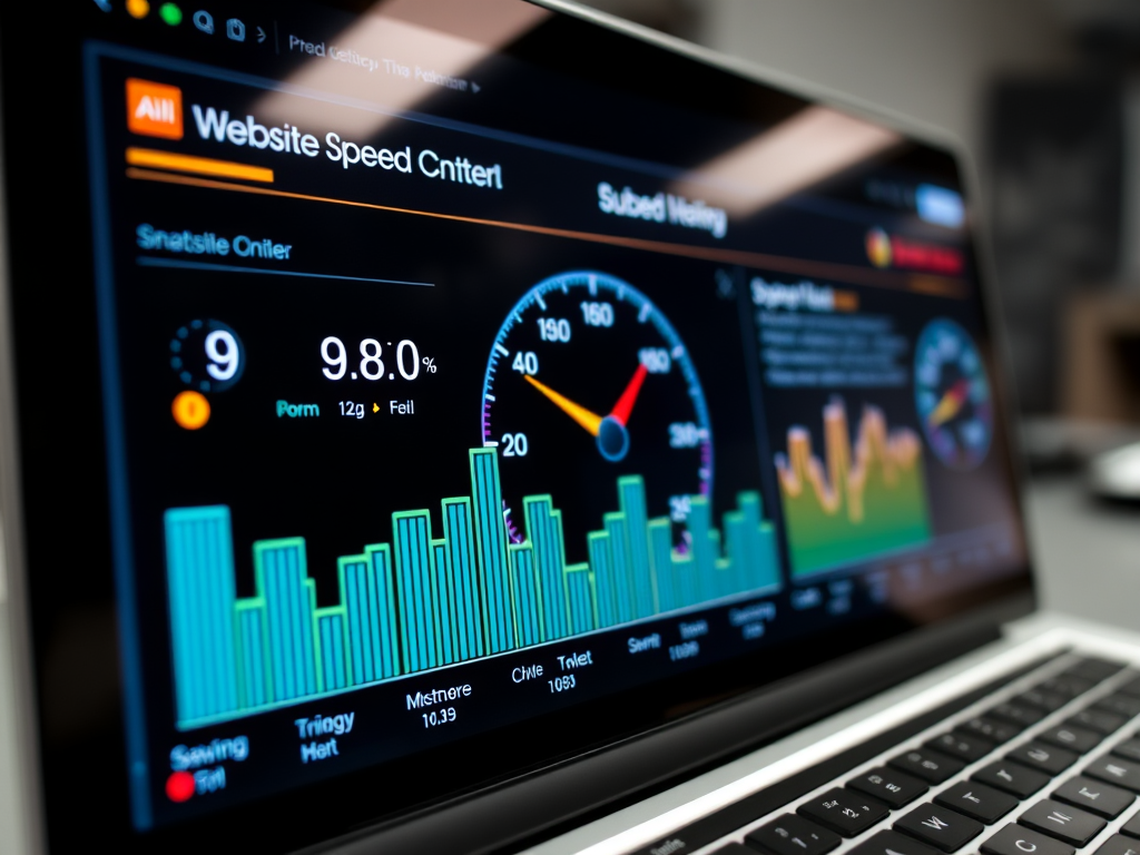 Close-up view of a digital dashboard displaying a speedometer, performance metrics, and bar graphs, illustrating website performance and analytics