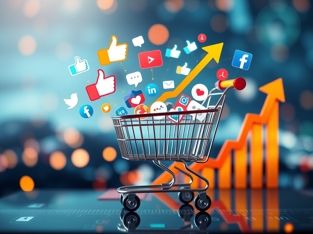 Shopping cart surrounded by social media icons with upward trending arrows, symbolizing the impact of social signals on e-commerce growth