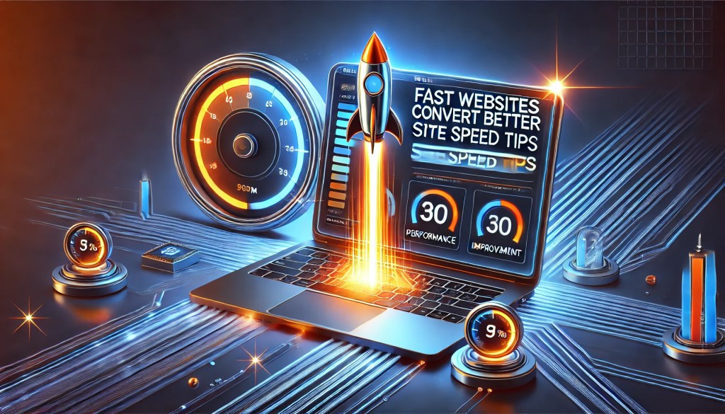 Illustration of website speed optimization featuring a sleek laptop screen displaying a fast-loading website, speedometer graphics, and a rocket launching from the screen. Performance metrics indicate improvement, with a futuristic neon-style background of circuit lines symbolizing high-speed data transfer. The text 'Fast Websites Convert Better: Site Speed Tips' is prominently displayed at the top in bold, modern typography. The color scheme is blue and orange, creating a tech-savvy and energetic feel.