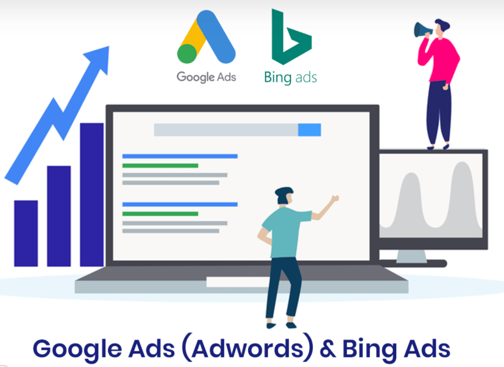 Illustration featuring Google Ads (Adwords) and Bing Ads logos above a digital advertising scene with a computer screen displaying search results, a bar graph showing growth, and a person pointing to the screen, symbolizing effective PPC campaign management