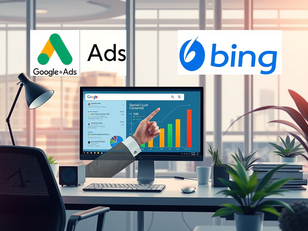 Office desk with a computer displaying analytics and growth charts, featuring logos of Google Ads and Bing Ads in the background, representing effective PPC campaign management.