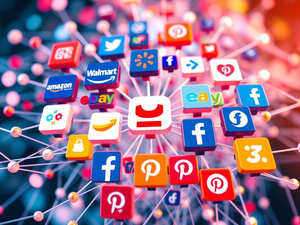 A vibrant network of e-commerce and social media platforms, including Amazon, Walmart, eBay, Facebook, TikTok, and Pinterest, interconnected by digital pathways