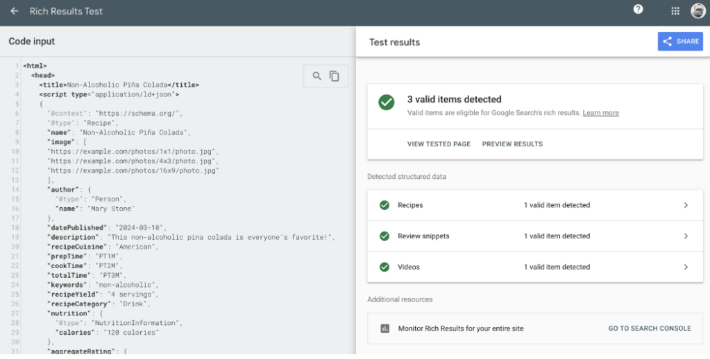 Screenshot of Google Rich Results Test tool showing HTML code with JSON-LD structured data for a recipe on the left and test results on the right, confirming three valid items (Recipes, Review snippets, and Videos) detected for rich results.