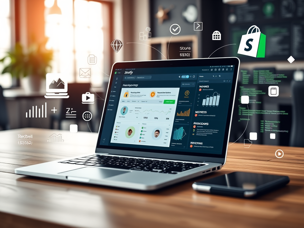 Shopify analytics dashboard on a laptop with ecommerce data and marketing insights.