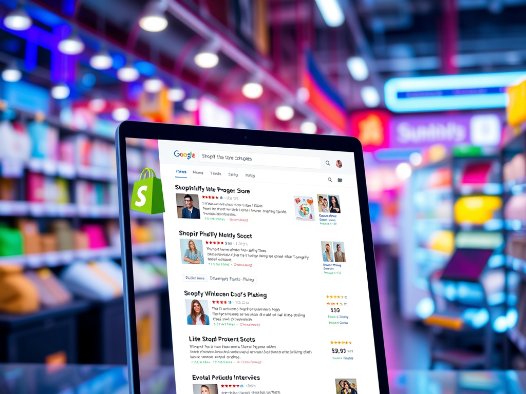 Laptop screen showing Google search results for Shopify stores with product listings, ratings, and prices, set against a colorful blurred background.