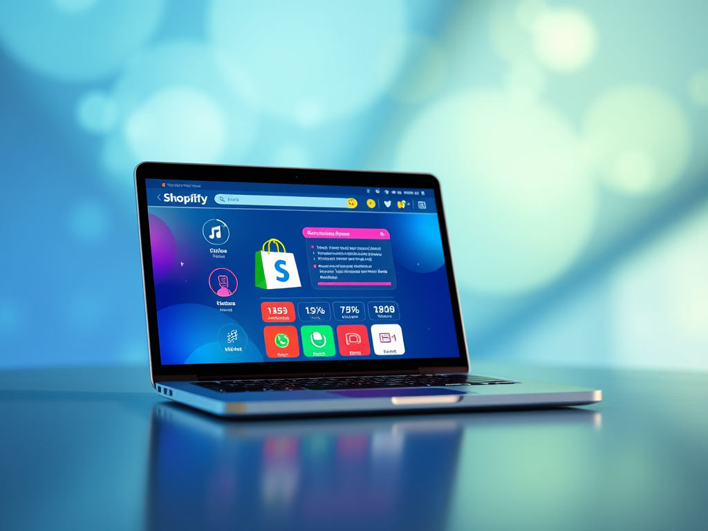 Laptop displaying a Shopify store interface with a vibrant, bokeh-style background