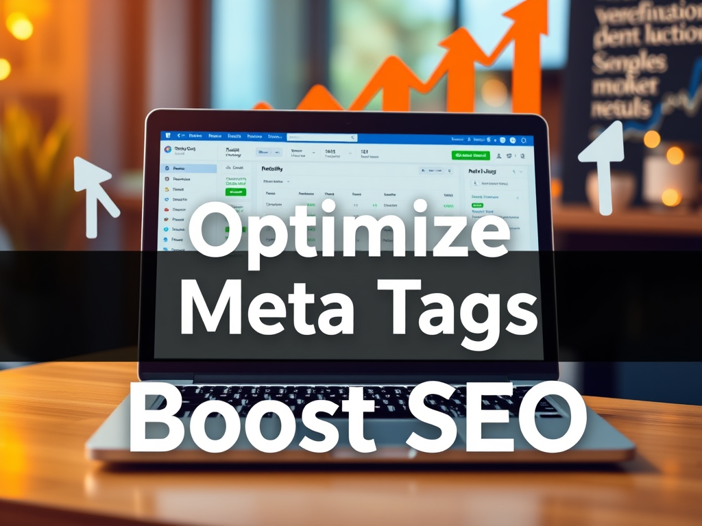 Laptop on a wooden desk displaying a Shopify dashboard, with the text "Optimize Meta Tags Boost SEO" in white, accompanied by upward arrows symbolizing growth.