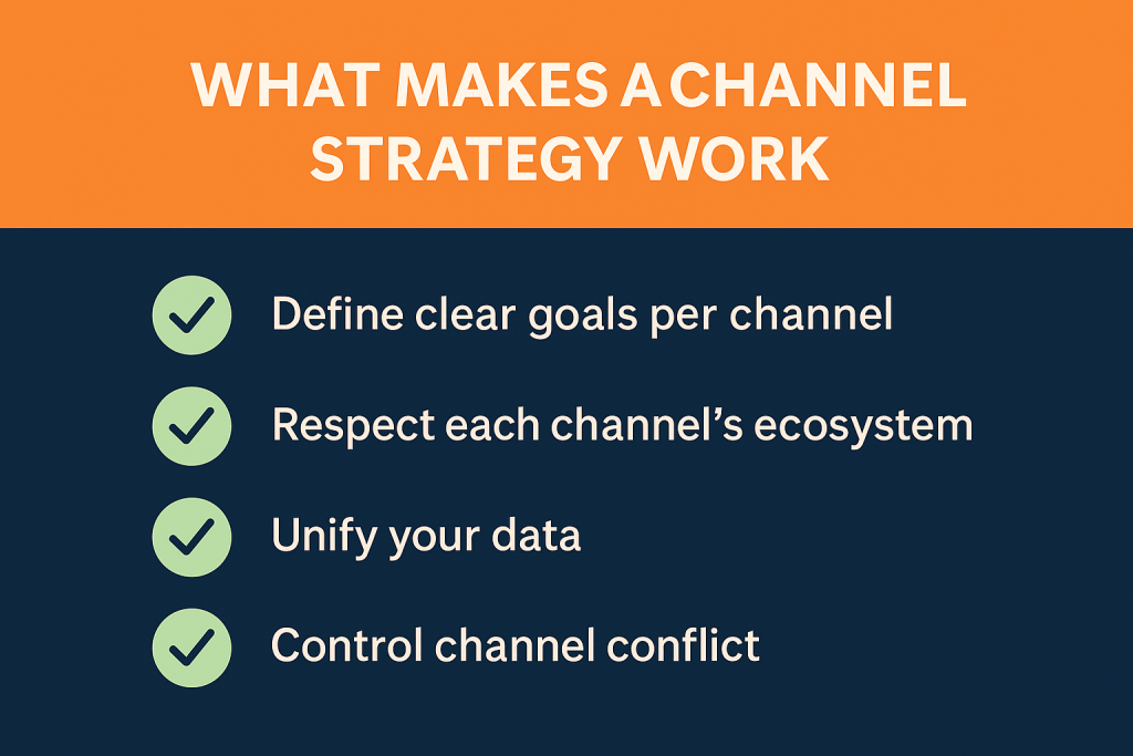 Infographic showing four key elements of an effective channel strategy: define clear goals per channel, respect each channel�s ecosystem, unify your data, and control channel conflict. Uses Shop Optimizers brand colors navy blue, light green, and white.