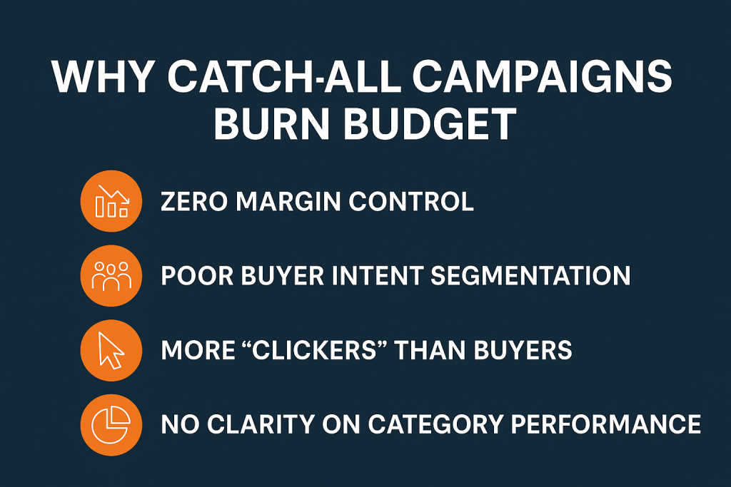 wide graphic showing “Why Catch All Campaigns Burn Budget” with ShopOptimizers colors and icons representing zero margin control, poor buyer intent segmentation, wasted clicks, and lack of visibility by category