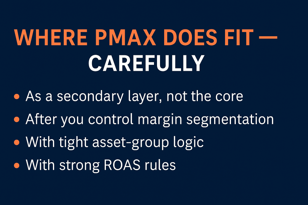 landscape graphic in shopoptimizers blue and orange showing header where pmax does fit carefully with bullet points listing secondary layer use margin control asset group logic and strong roas rules